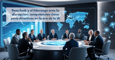 Directivos gestionando un entorno de cambio impulsado por la inteligencia artificial, destacando conceptos como visión estratégica y agilidad.